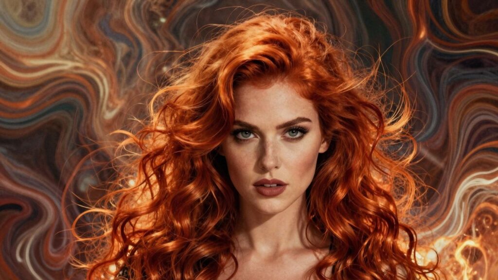 Fiery woman with intense eyes, abstract heat patterns.