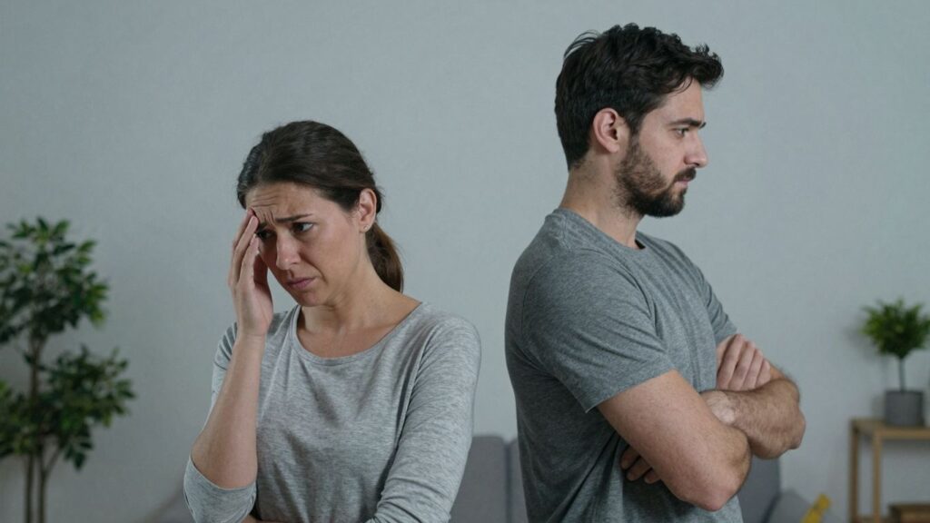 Confused wife, distant husband, marital disconnect.