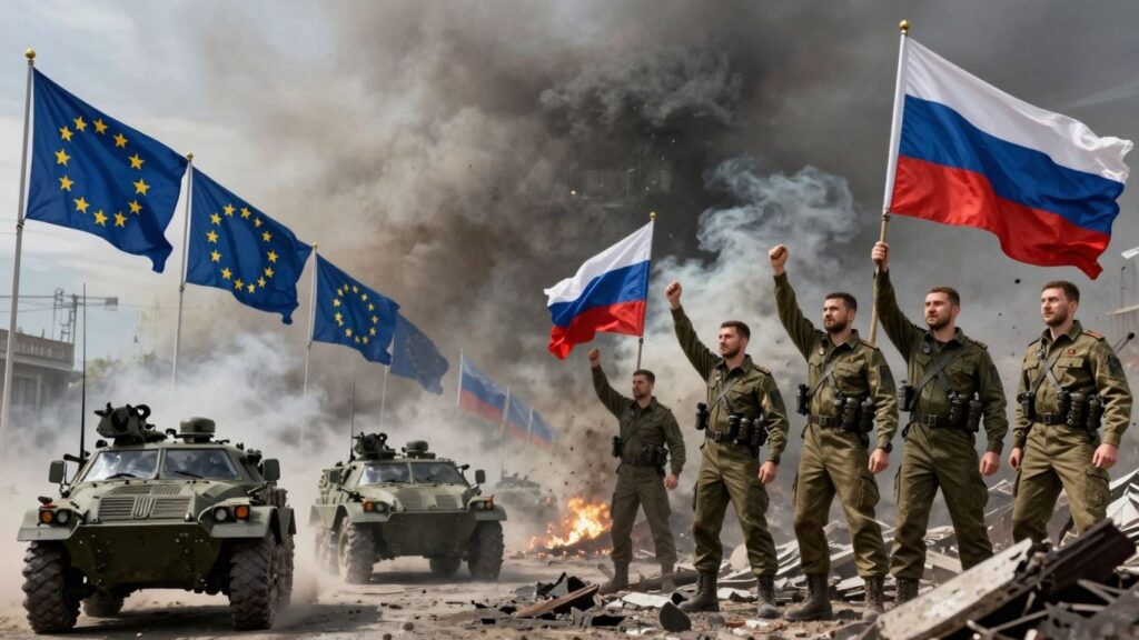 European and Russian flags with military vehicles and soldiers.