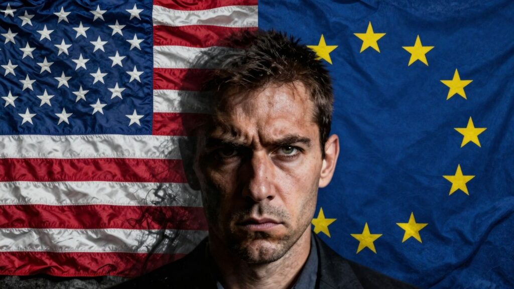 US and EU flags facing off, abstract conflict figure.