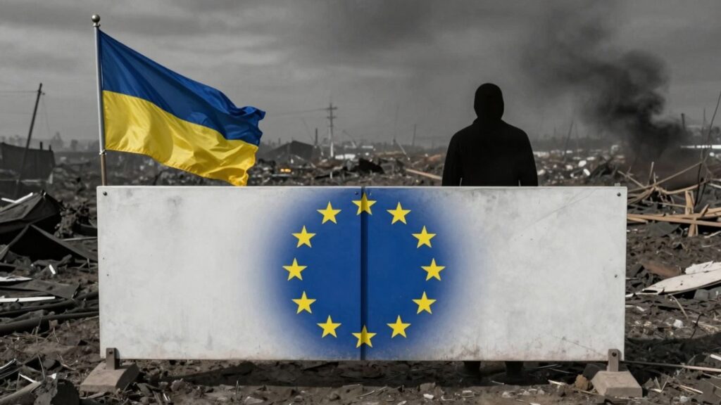 Ukrainian flag and EU flags in a symbolic standoff.