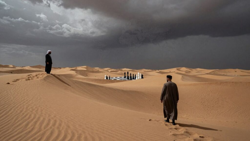 Syrian desert with figures and a chessboard.
