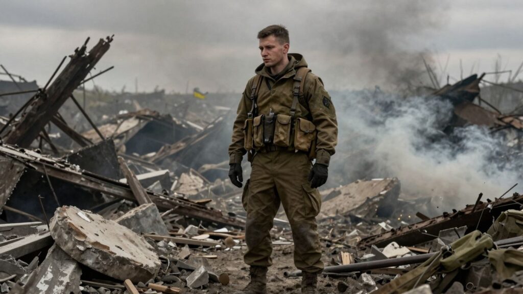 Ukrainian soldier in rubble, somber battlefield.