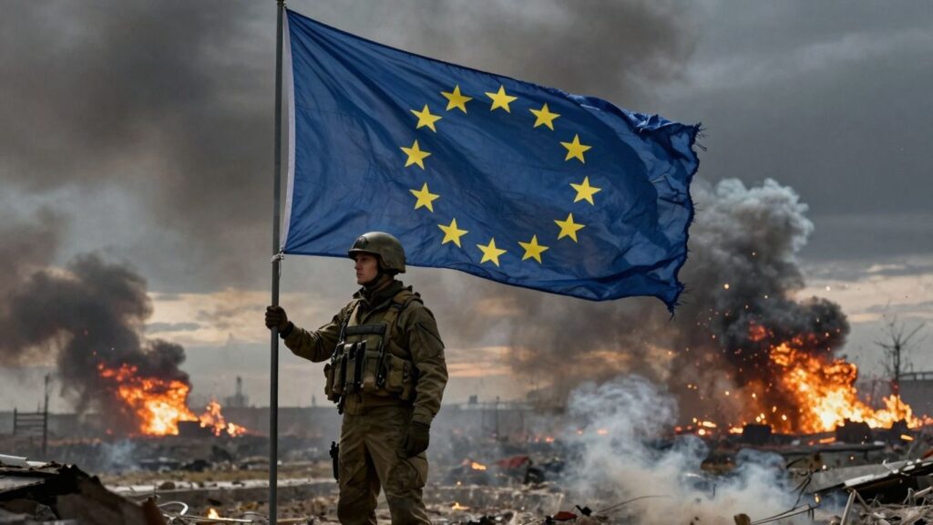 European Union flag and Ukrainian soldier against war backdrop.
