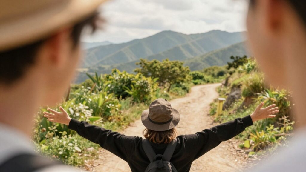 Person looking towards a bright future landscape.