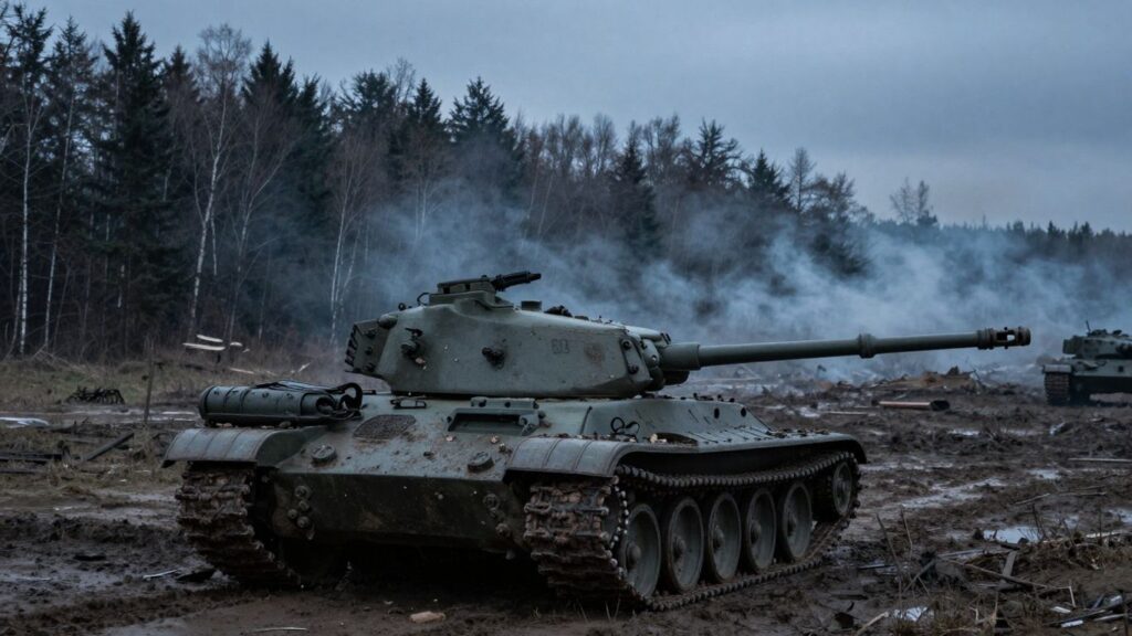 Russian tank advancing slowly on a muddy battlefield.