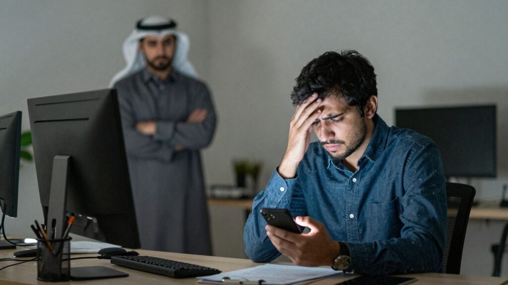 Person stressed by social media affecting job prospects.