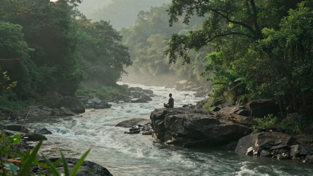 Alan Watts meditating by a misty mountain river.