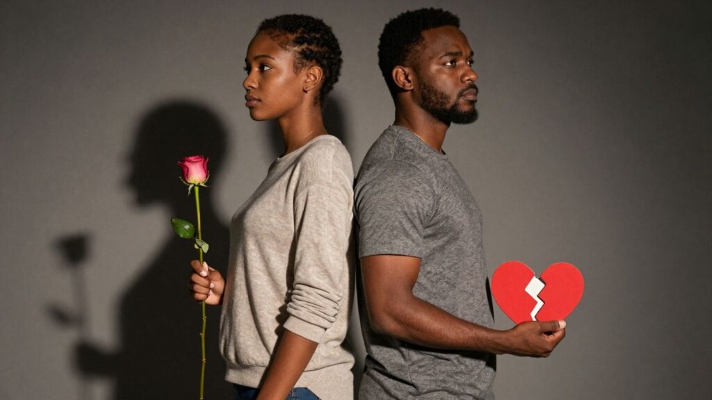 Couple with wilting rose and broken heart.