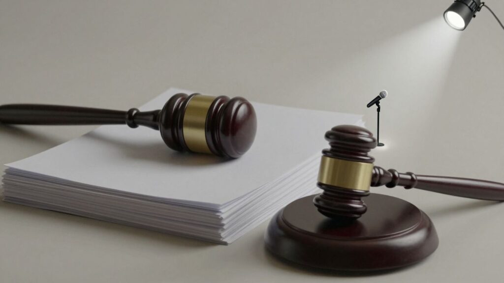 Gavel on papers versus spotlight on stage.