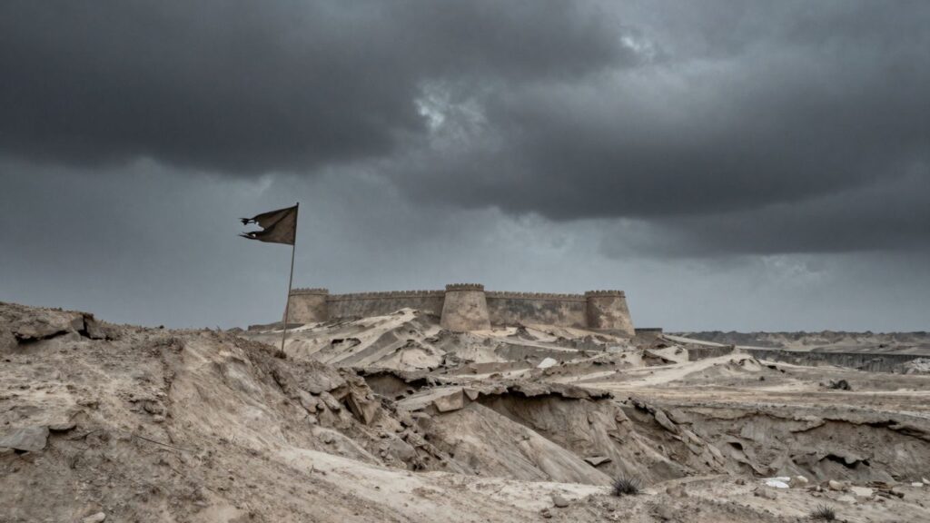 Barren land and fortress under stormy sky.