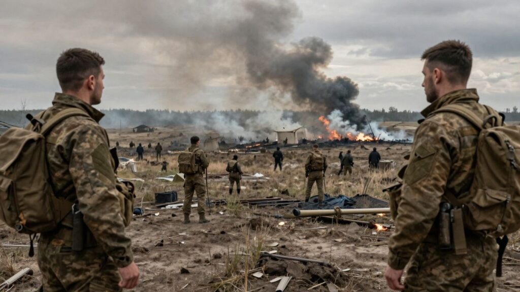 Ukrainian soldiers on a desolate battlefield under a cloudy sky.