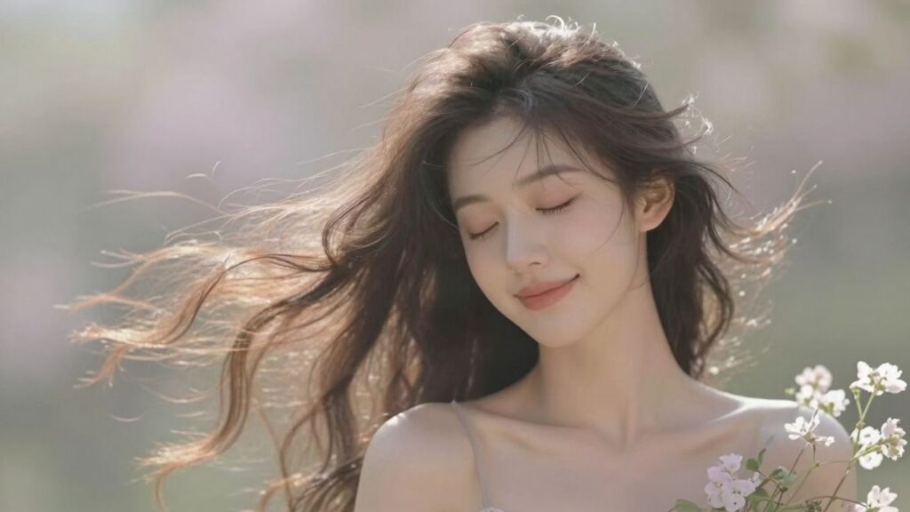 Woman embracing her natural feminine energy with a serene expression.