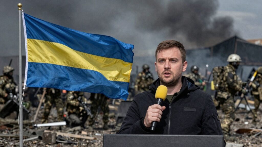 Ukrainian flag and reporter in front of battlefield.