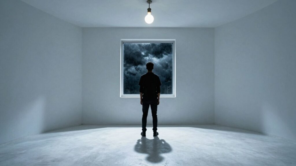 Dimly lit room with a flickering light bulb and shadowy figure.