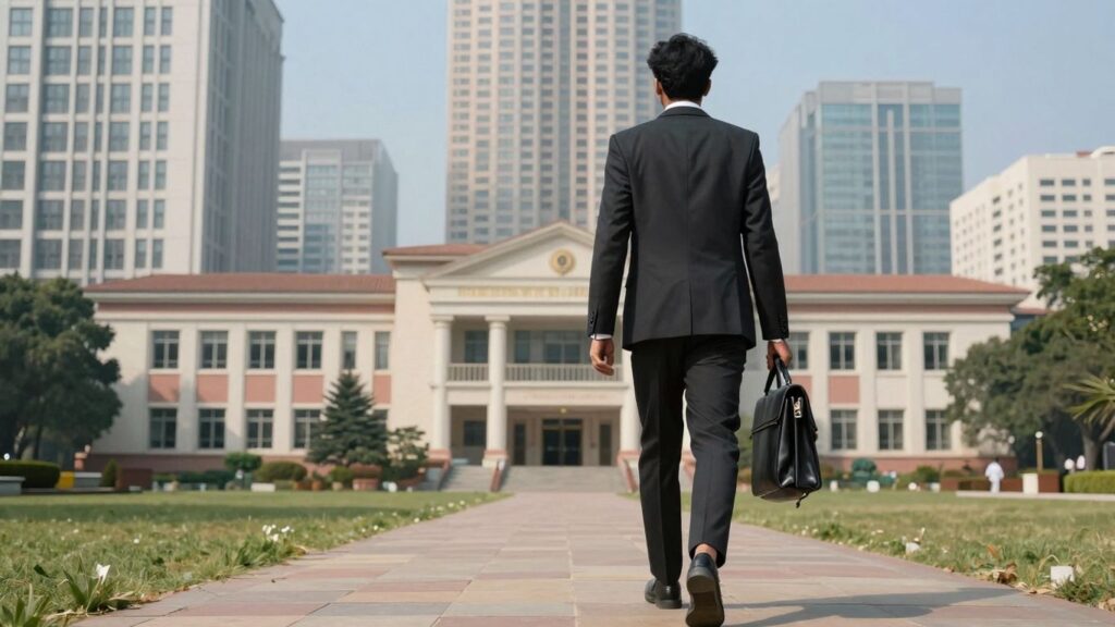 Person walking away from university towards city skyline.