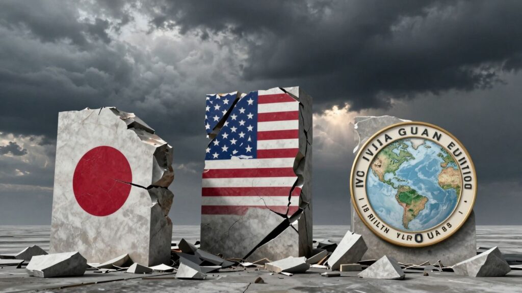Crumbling global economy pillars: Japan, US, Europe.