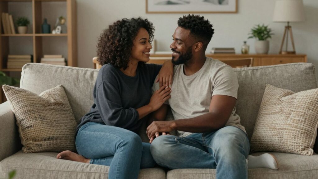 Happy couple enjoying a cozy moment together.