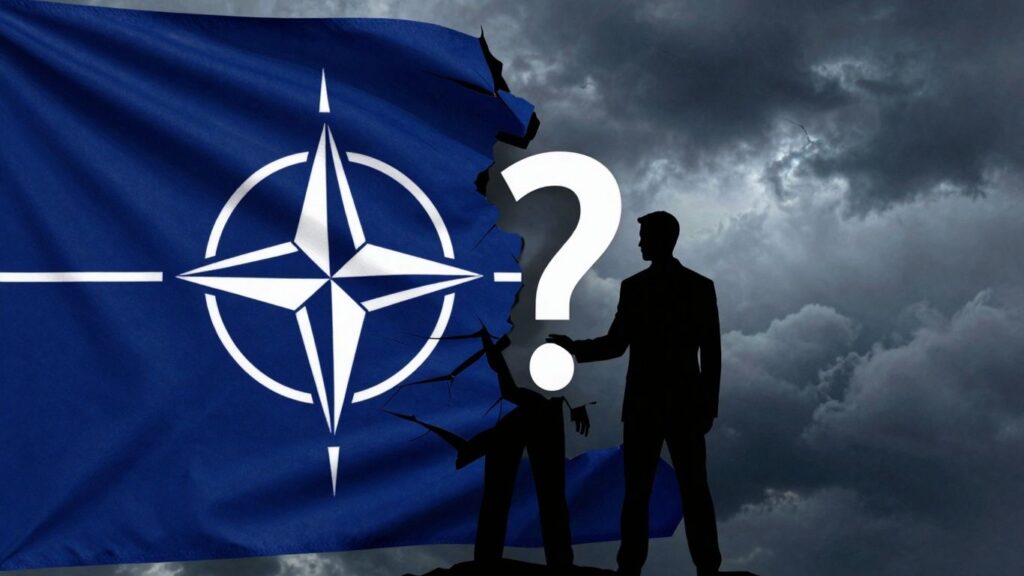 Fractured NATO flag with a question mark.