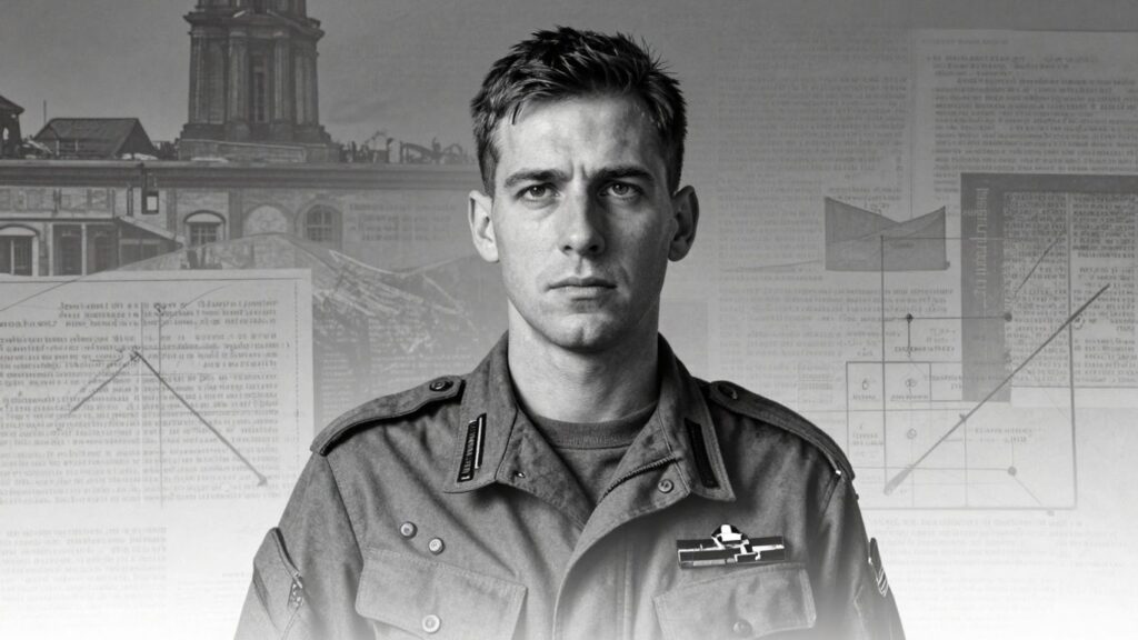 Daniel Davis in a thoughtful pose, war and study background.