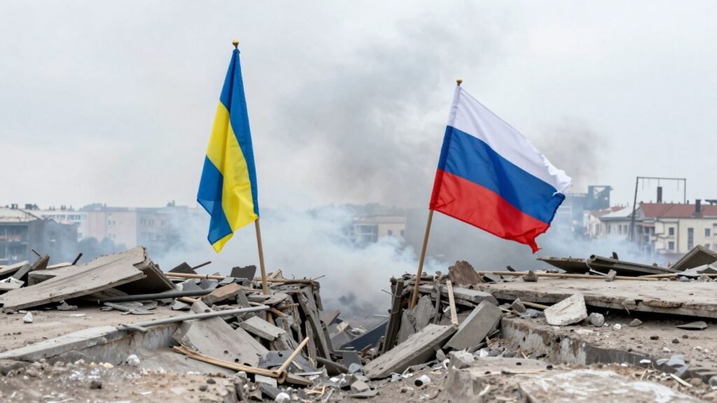 Ukrainian and Russian flags separated by a chasm.
