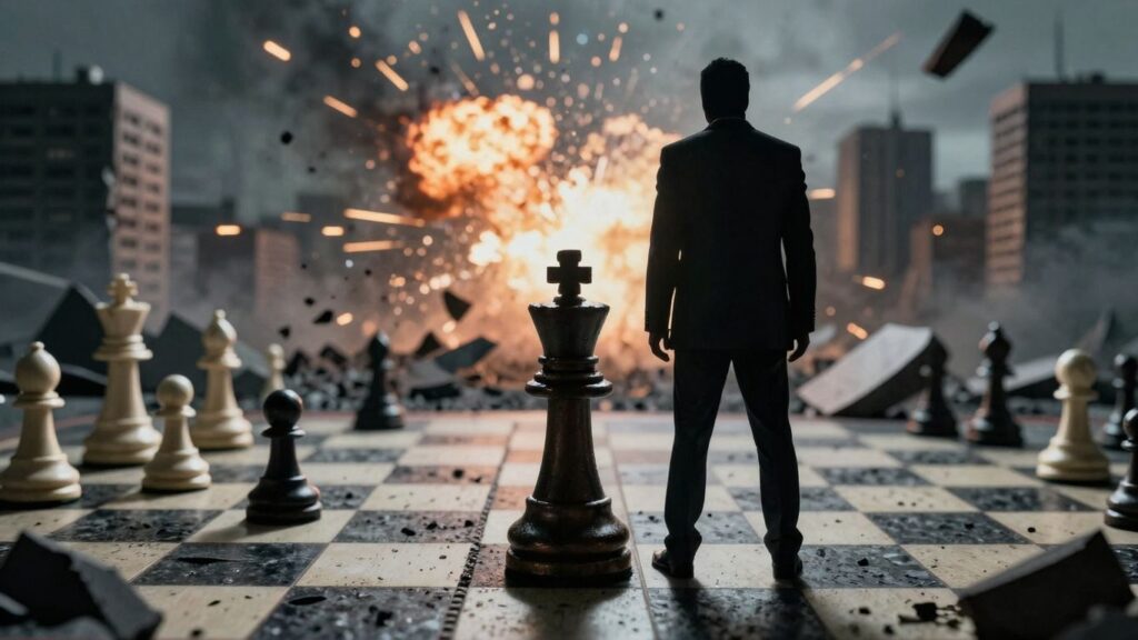 Regime change concept: shadowy figure, crumbling city, chess game, explosions.