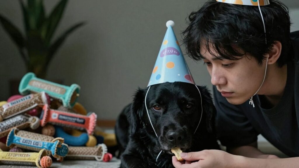 Sad pet owner with dog and unopened toys.