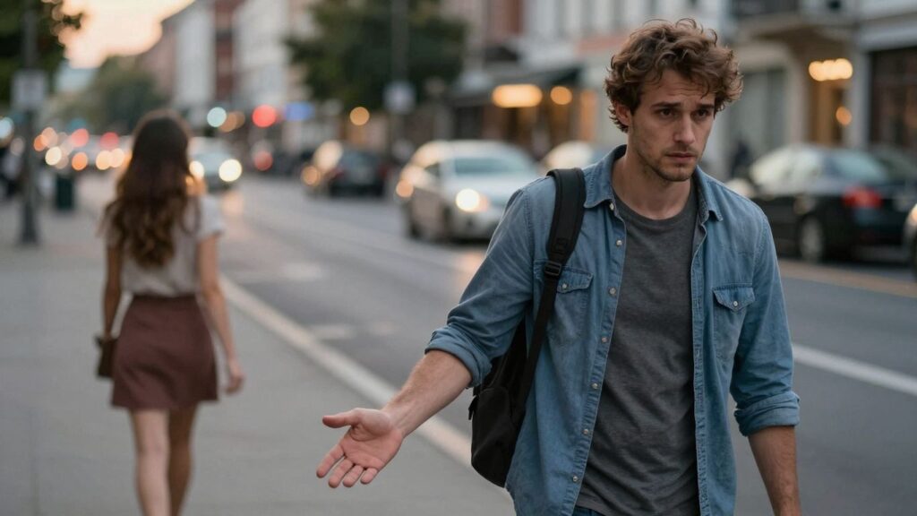 Man watching woman leave, longing expression.