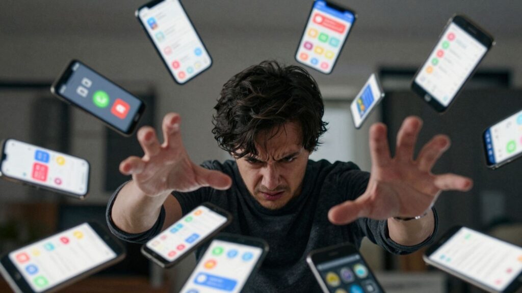 Person breaking free from social media phone screens.