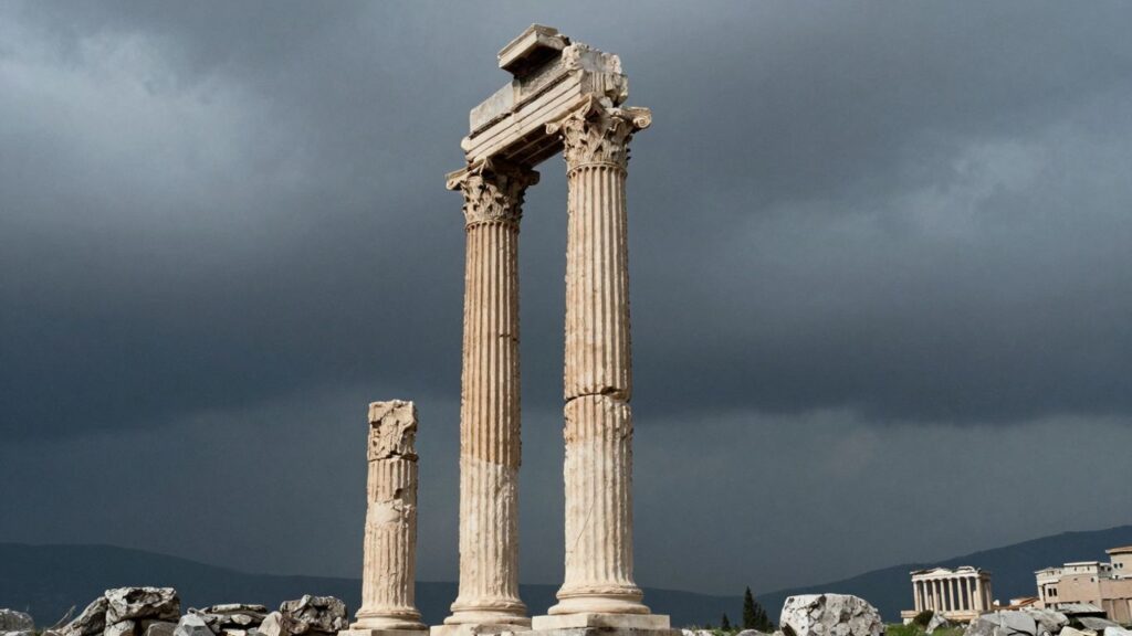 Crumbling ancient column against a stormy sky.