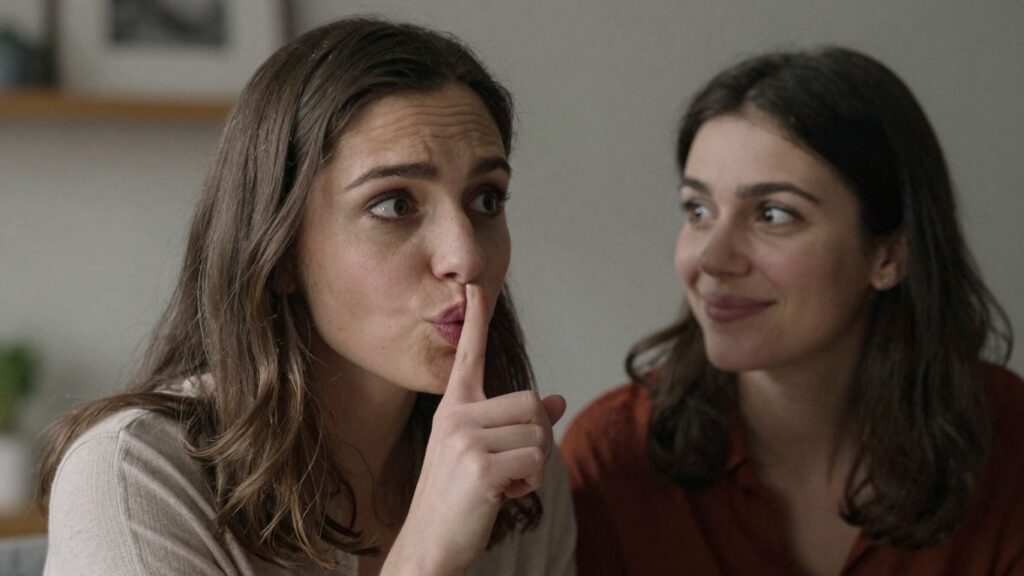 Woman shushing, another woman smiling knowingly.