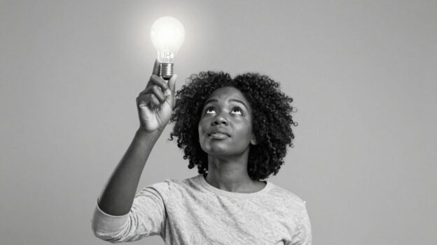 Person with a bright idea lightbulb above head.