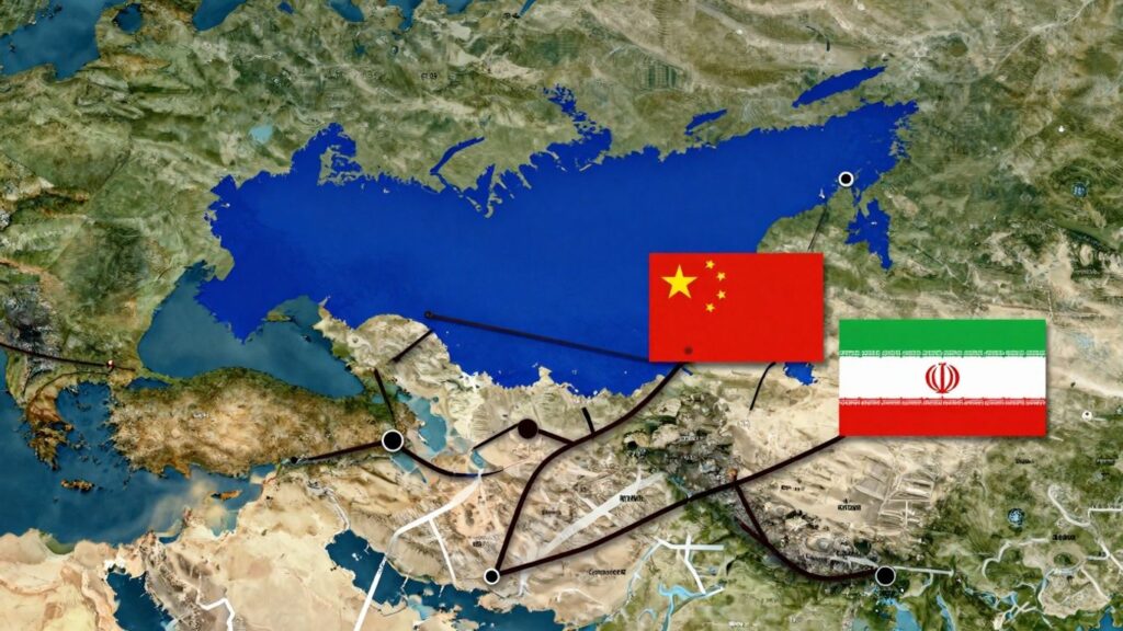 Eurasian map with Russia, China, and Iran flags connected.