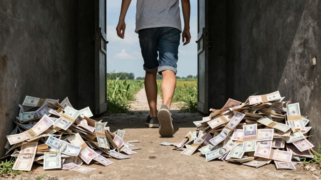 Person escaping debt into a bright future.