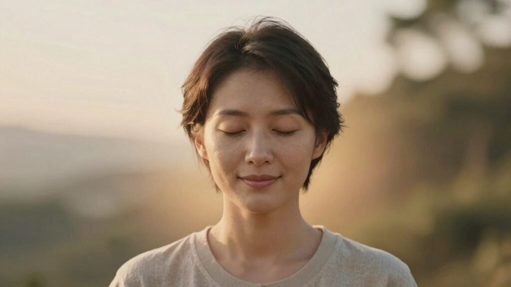 Person meditating with a peaceful, glowing aura.