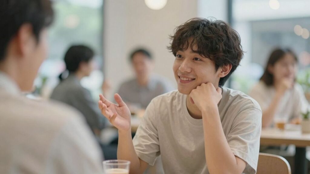 Person smiling warmly in a quiet social conversation.