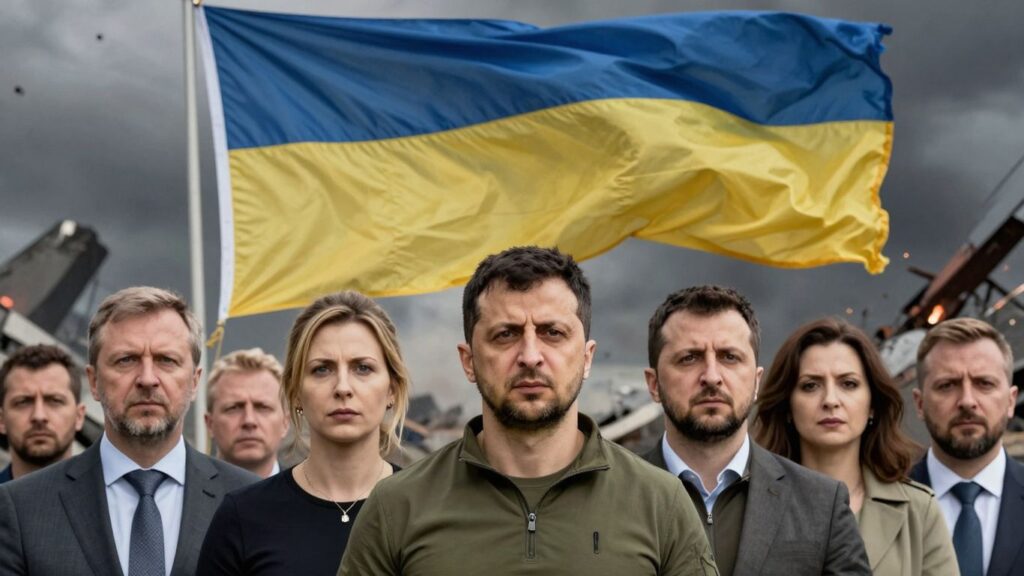 European and Ukrainian flags with leaders in background.