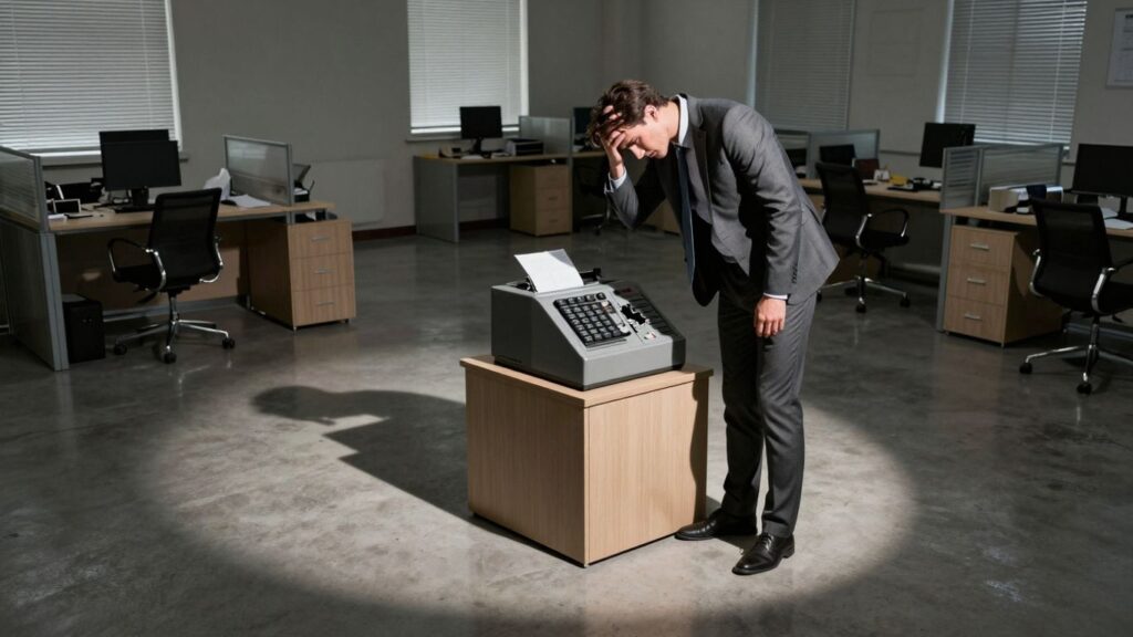 Business owner looking at a broken cash register in an office.