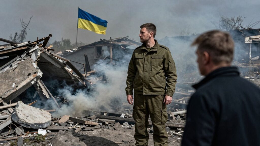 Russian soldier, Ukrainian flag, Donbas conflict, [Trump] figure