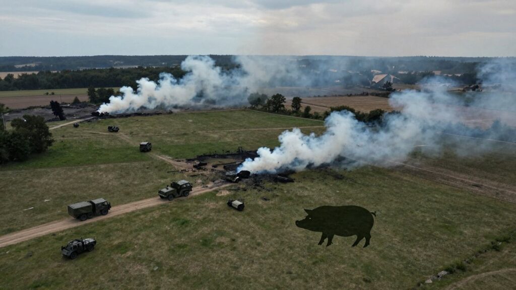 European landscape with military vehicles and smoke.