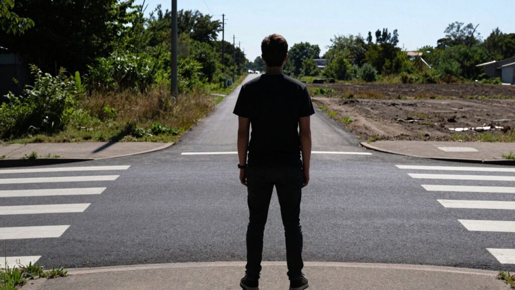 Person at a crossroads, facing a choice.