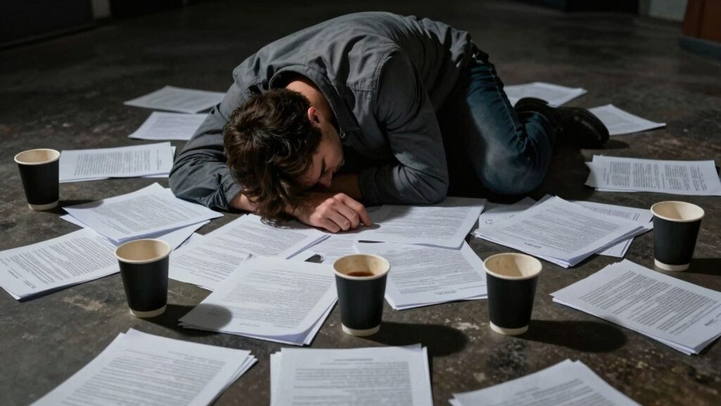 Exhausted person alone with work, symbolizing the cost of success.