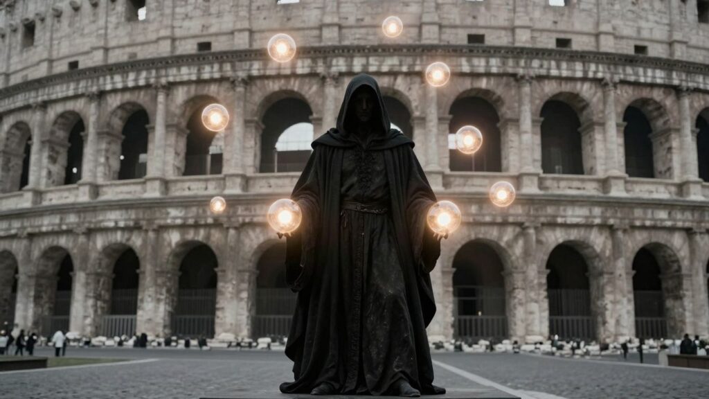 Machiavelli figure with ten glowing power orbs.