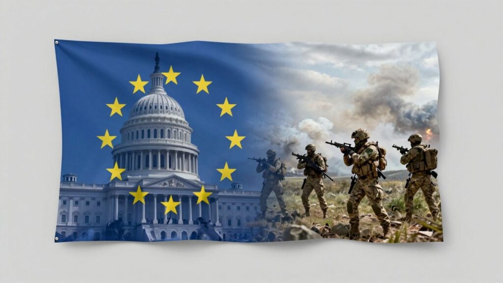 Europe and US flags with Ukraine conflict imagery.