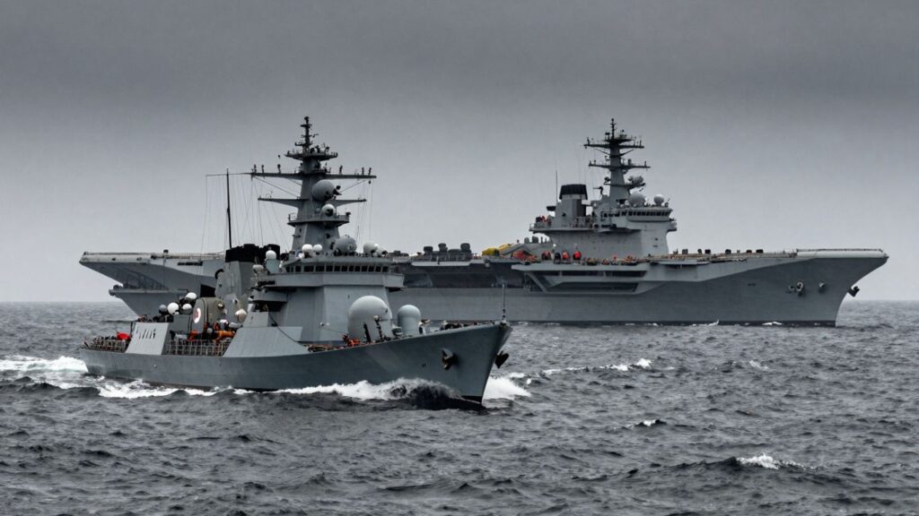Japanese warship near Chinese aircraft carrier in stormy seas.