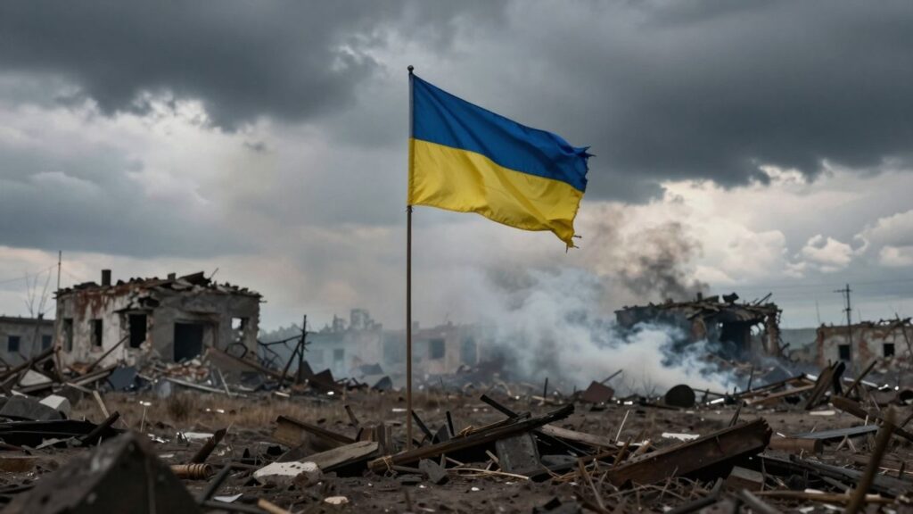 War-torn Ukrainian landscape with destroyed buildings and a flag.