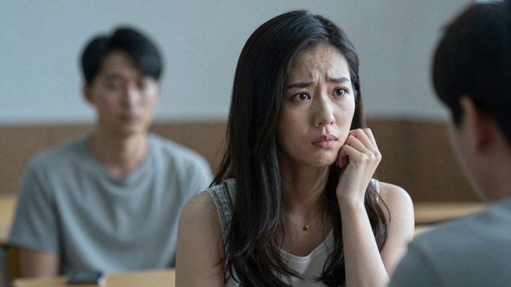 Woman looking away from man, emotional tension.