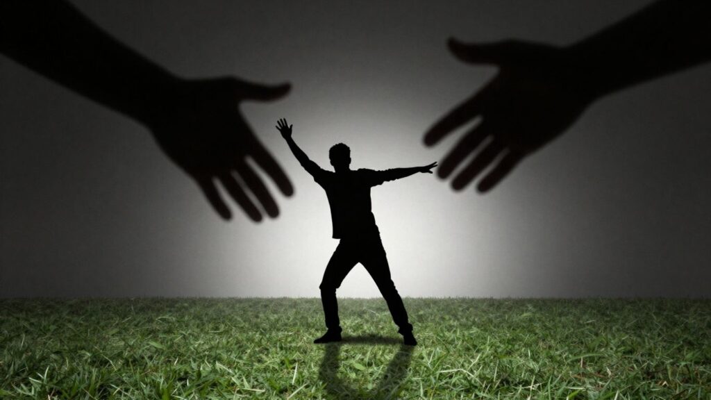 Person stepping out of shadows into a spotlight.