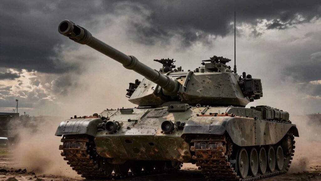 Military tank against a stormy sky.