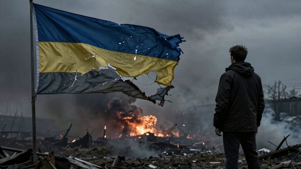 Tattered Ukrainian flag amidst smoke and distant explosions.